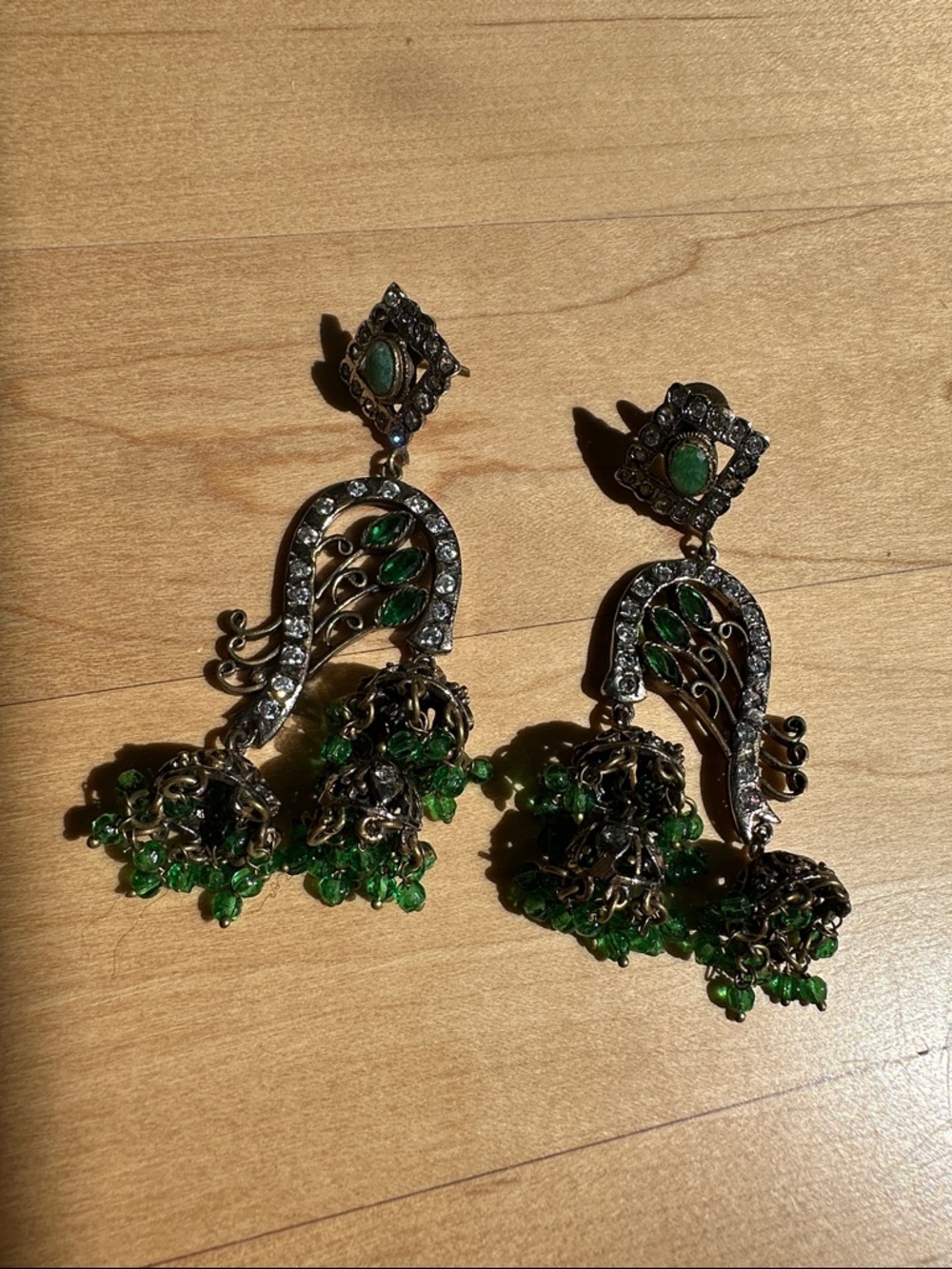Antique Green Crystal Jhumka Drop Earrings - Antique